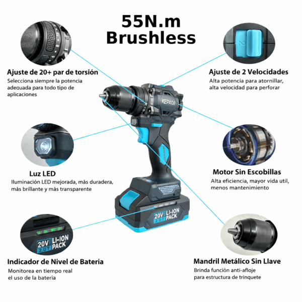Especificaciones Taladro Inalambrico 55Nm Brushless 20v